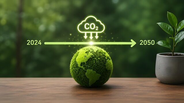 Carbon neutrality roadmap from 2024 to 2050 with a green earth globe and CO2 emission reduction graphic