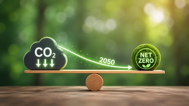 Carbon offsetting and net zero balance concept with a wooden seesaw weighing CO2 emissions against a sustainable green globe