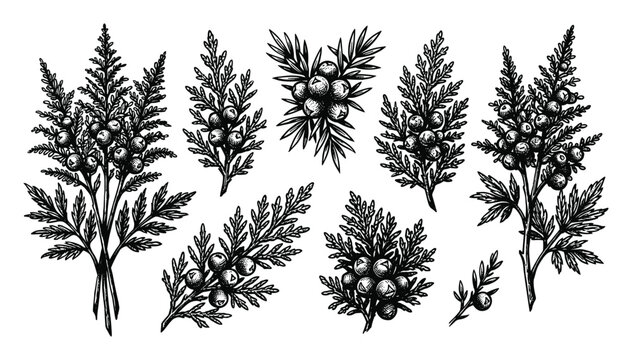 Black and white hand drawn juniper berry branches botanical illustrations set.