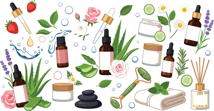 Organic natural cosmetics flat vector element set with glass serum bottles aloe vera and jade roller