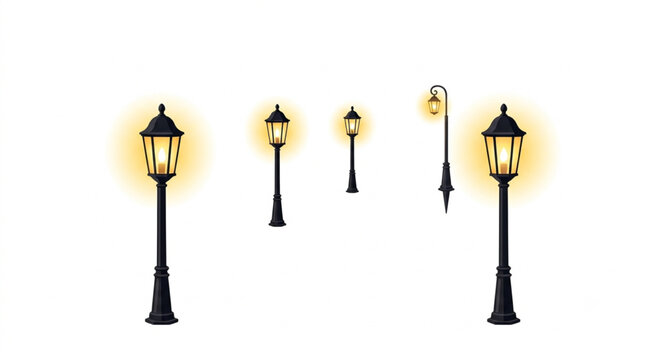 Set Ilustrasi Vektor Lampu Jalan Antik yang Menyala di Latar Belakang Putih