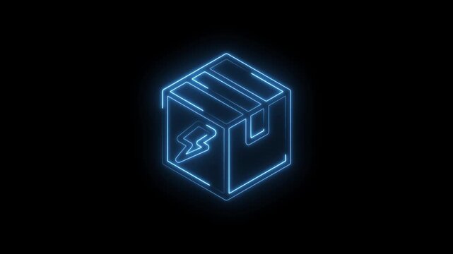 Neon blue glowing isometric delivery box with lightning bolt symbol on black background icon
