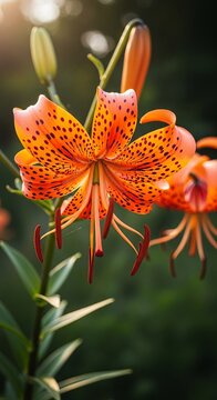 Close-up of a vibrant orange tiger lily with black spots in soft sunlight.