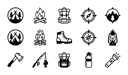Modern abstract camping gear symbol vector clipart set with minimalist clean outline outdoor brand tent campfire monogram and hiking backpack logo graphics black and white © GULSHAN