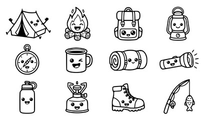 Cute kawaii camping gear character vector set with funny cartoon tent campfire backpack compass lantern mug and sweet summer camp outdoor line art for kids © GULSHAN