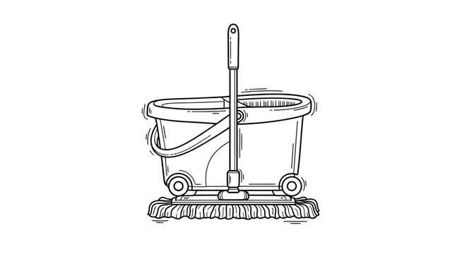 Illustration of a mop bucket with wheels and wringer.