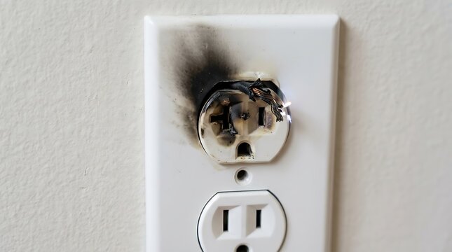 Damaged white electrical wall outlet with severe burn marks and melted plastic casing indicating a dangerous short circuit and residential fire hazard
