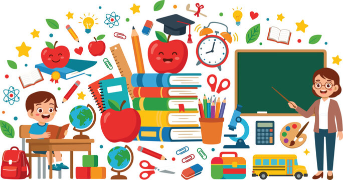 Back to school cute cartoon element set with teacher student desk books and blackboard vector