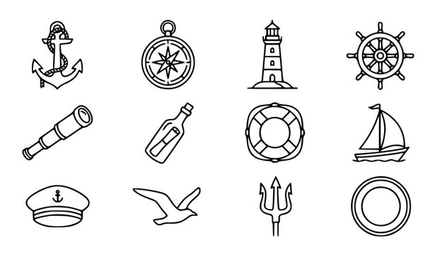 Nautical elements and maritime ocean vector icon set with simple bold line art classic complete anchor compass lighthouse ship steering wheel lifebuoy spyglass and sailor travel clip art black and whi