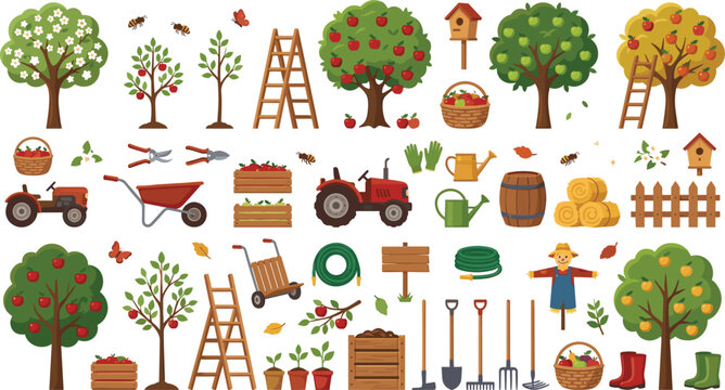 Apple orchard farming and harvest element set with tractor tools ladders and trees vector