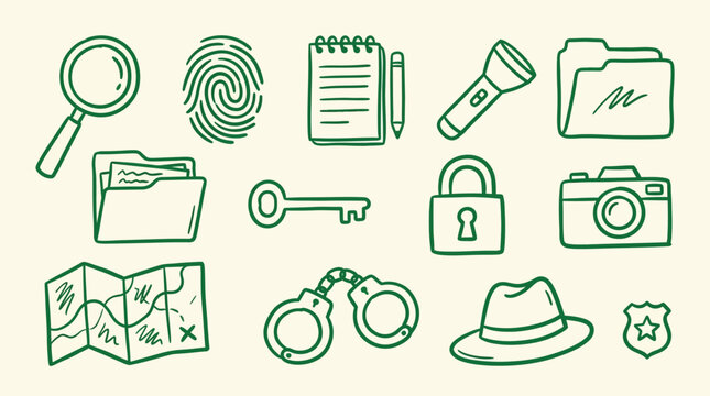 Collection of detective and investigation icons in a doodle style, including a magnifying glass, fingerprint, notepad, flashlight, and handcuffs.