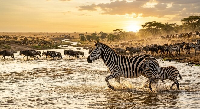 Zebra Mother and Foal Crossing Mara River During Great Migration at Sunset