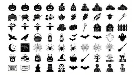 Halloween silhouette icon bundle set featuring spooky pumpkins ghosts monsters bats spiders and autumn harvest elements like scarecrows barns pitchforks leaves for scary holiday design elements © Itx Musa