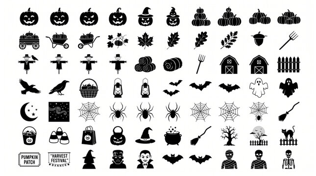 Halloween silhouette icon bundle set featuring spooky pumpkins ghosts monsters bats spiders and autumn harvest elements like scarecrows barns pitchforks leaves for scary holiday design elements