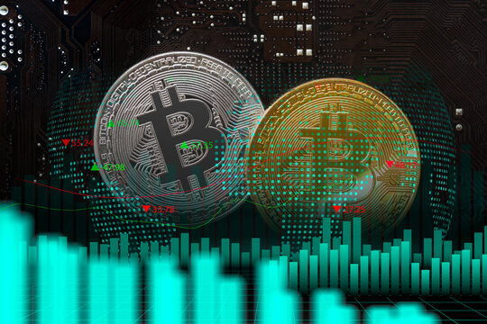 Modern way of exchange. Bitcoin is convenient payment in global economy market. Virtual digital currency and financial investment trade concept. Abstract cryptocurrency with gold bitcoin background.