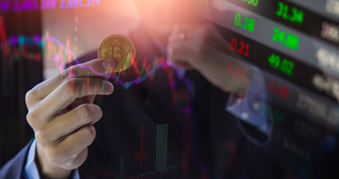 Modern way of exchange. Bitcoin is convenient payment in global economy market. Virtual digital currency and financial investment trade concept. Abstract cryptocurrency with gold bitcoin background.
