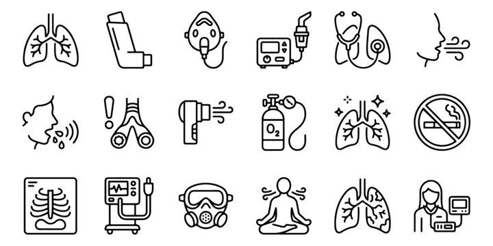 Respiratory health and lung care icons, 18 asthma and breathing treatment line vector set, pulmonary medicine and oxygen therapy graphics