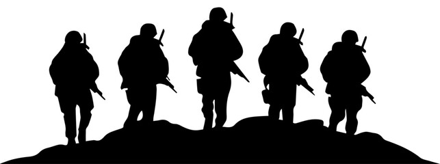 Fototapeta premium Black silhouette of five military soldiers patrol walking on a hill, infantry troops in combat gear with rifles vector illustration on white