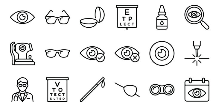 Ophthalmology and eye care icon set, 18 linear vector symbols for optometry clinic, vision correction and medical oculist services