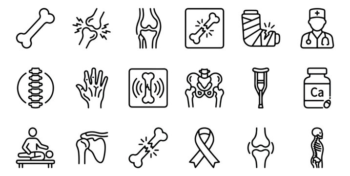 Orthopedic medical line icons set, 18 bone and joint health vector symbols, skeletal system anatomy and traumatology clinic graphics