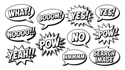 Obraz premium Assortment of black and white comic book speech bubbles displaying various common exclamations