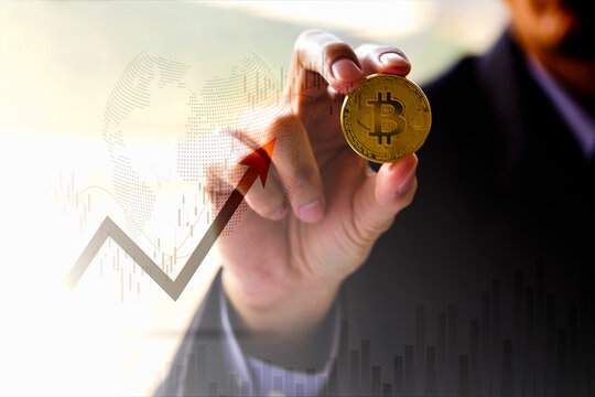 Modern way of exchange. Bitcoin is convenient payment in global economy market. Virtual digital currency and financial investment trade concept. Abstract cryptocurrency with gold bitcoin background.