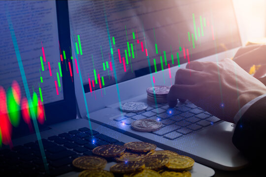 Modern way of exchange. Bitcoin is convenient payment in global economy market. Virtual digital currency and financial investment trade concept. Abstract cryptocurrency with gold bitcoin background.