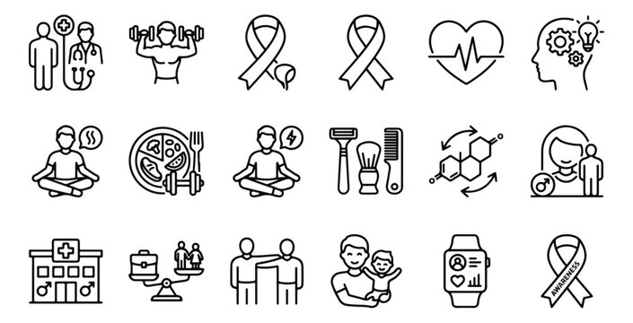 Men's health and wellness line icons, set of 18 male healthcare vector symbols. Prostate cancer awareness, fitness, and medical checkup graphics.