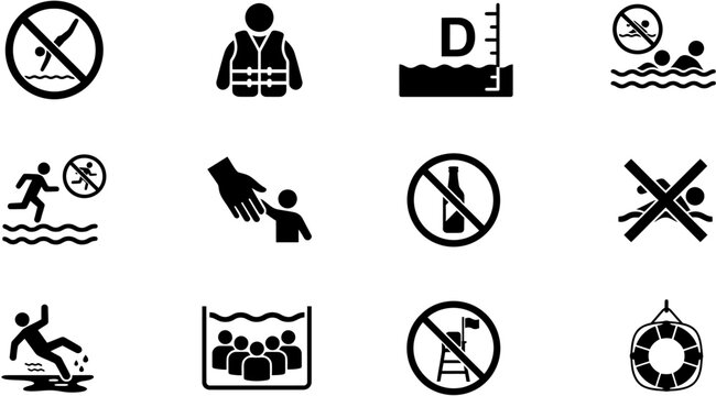 Safety icons depict pool warning signs, hazard symbols, and lifeguard signals in a flat vector collection for swimming pool safety and water park rules.