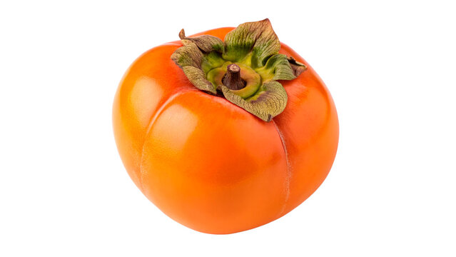 Fresh ripe orange persimmon fruit with a green calyx isolated on transparent background cut out