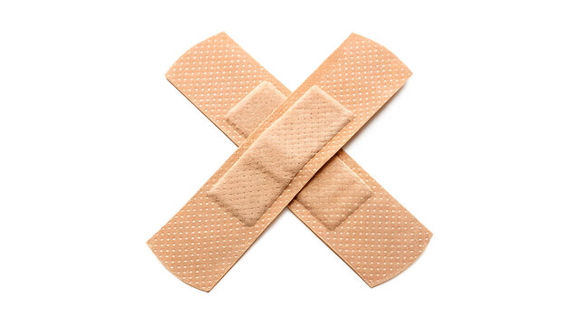 Two standard adhesive bandage strips crossed medical plaster first aid isolated on transparent background cut out