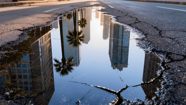 City skyline reflection in street puddle after rain, palm tree, urban landscape