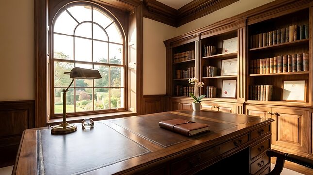Classic study room with large window and wooden desk