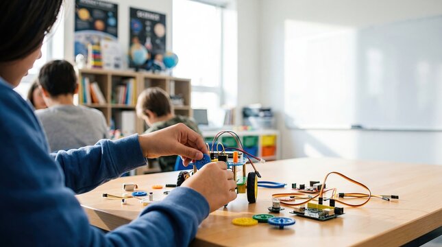 Student hands assembling electronic robot kit with wires and gears on wooden desk in classroom, STEM education concept