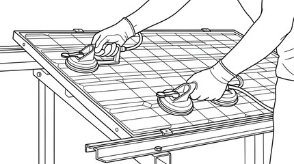 Fototapeta premium Technician Installing Solar Panel Using Suction Cup Lifting Tools Line Art Illustration