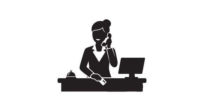 Receptionist at desk with computer and phone black silhouette