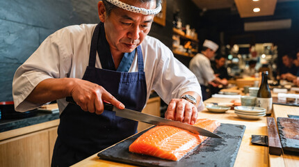 Fototapeta na wymiar Professional japanese sushi chef slicing fresh raw salmon fish using sharp knife traditional wooden cutting board busy authentic asian restaurant cooking
