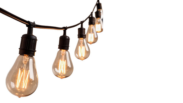 String garland of retro glowing party light bulbs isolated on a transparent background