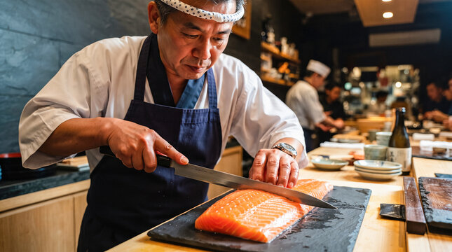 Professional japanese sushi chef slicing fresh raw salmon fish using sharp knife traditional wooden cutting board busy authentic asian restaurant cooking