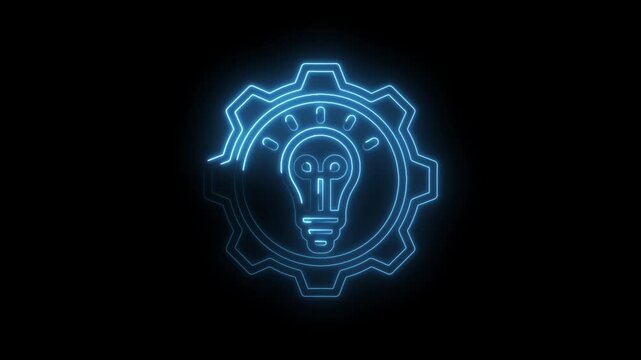 Glowing blue neon gear and lightbulb icon symbolizing innovation creativity engineering and