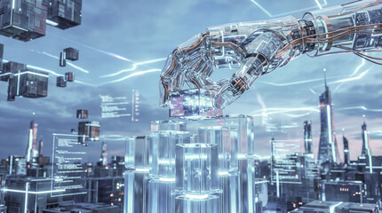 Fototapeta premium Bright metallic robotic hand featuring glowing neon network links representing modern smart technology innovation showing fast virtual server connection creating dynamic cyber visual background