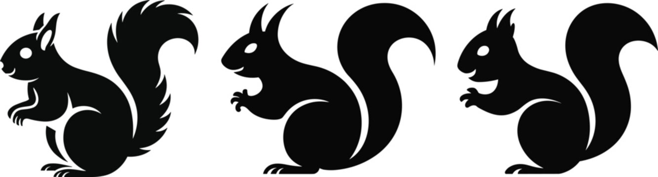 Black squirrel silhouette vector icon set isolated on white background for graphic design and nature logo templates