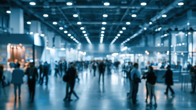 Blurred crowd at a modern exhibition hall during the day