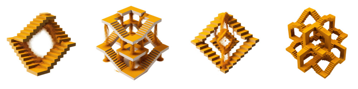 Set of yellow impossible staircases with flowing sand particles on black