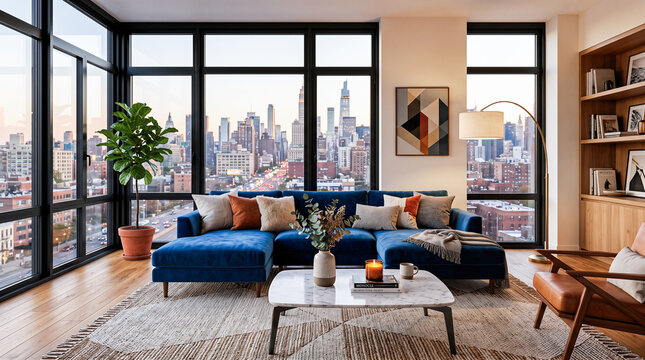 Luxurious modern apartment interior featuring bright spacious living room representing wealthy comfortable urban lifestyle showing elegant city skyline view creating beautiful rich visual background