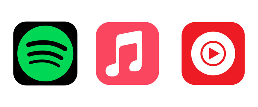 Music streaming icon set for website and app UI. Colored rounded square logos of Spotify, Apple Music, and YouTube Music are flat vectors isolated.