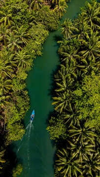 Aerial view of the winding emerald Maron River, Pacitan, East Java.