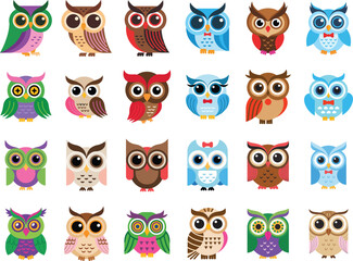 Fototapeta premium Collection of colorful cartoon owl vector icons with cute expressions and big eyes for children stickers and nursery decor