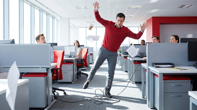Clumsy male corporate employee tripping over black computer cable wires dropping hot coffee and important papers while shocked coworkers watch in office