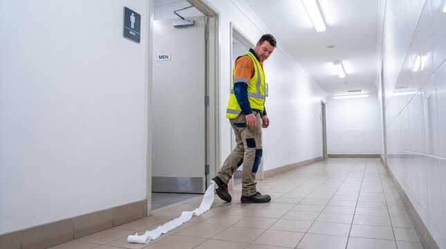 Embarrassing funny workplace moment showing male industrial worker walking out of public bathroom with white toilet paper accidentally stuck to his heavy boot